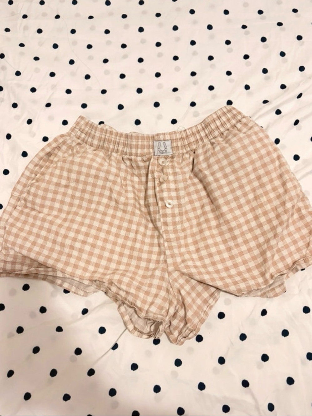 High-Waist Beige Gingham Women’s Shorts with Elastic Waist